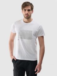 4F T-shirt regular z nadrukiem męski - biały S. Białe t-shirty 4F, m, bez wzorów, z bawełny, bez kołnierzyka, bez ramiączek. W wyprzedaży za 39.99 zł.