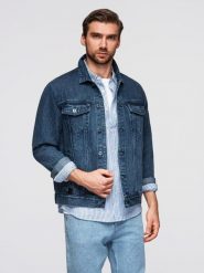 Jeansowa kurtka męska katana z washem – niebieska V4 - Rozmiar: XL. Niebieskie kurtki Ombre Clothing, m, bez wzorów, z bawełny, bez kaptura. Za 339.99 zł.