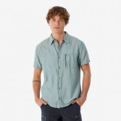 Koszula turystyczna męska z krótkim rękawem Quechua NH500. Zielone koszule QUECHUA, m, bez wzorów, z bawełny, bez kołnierzyka, bez ramiączek. Za 129.99 zł.