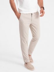 Spodnie męskie chino SLIM FIT - kremowe V1 OM-PACP-0186 - XL. Białe eleganckie spodnie Ombre Clothing, m, z bawełny. W wyprzedaży za 149.99 zł.