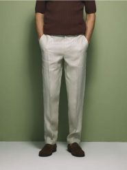 Lniane spodnie garniturowe - beżowy. Brązowe garnitury Reserved, bez wzorów, z tkaniny. Za 199.99 zł.