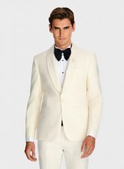 PAKO LORENTE - Wełniana beżowa marynarka smokingowa. Brązowe garnitury Pako Lorente, na ślub cywilny, bez wzorów, z wełny. Za 2,499.99 zł.