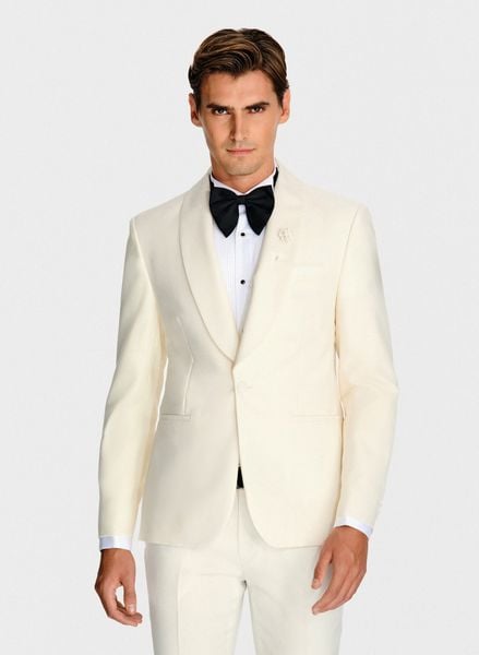 PAKO LORENTE - Wełniana beżowa marynarka smokingowa. Brązowe garnitury Pako Lorente, na ślub cywilny, bez wzorów, z wełny. Za 2,499.99 zł.