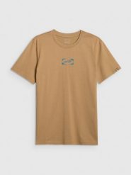 4F T-shirt regular z nadrukiem męski - beżowy L. Brązowe t-shirty 4F, l, bez wzorów, z bawełny, bez kołnierzyka, bez ramiączek. Za 79.99 zł.