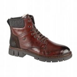 Kozaki Męskie Skóra. Brązowe kozaki Rieker, bez wzorów, ze skóry, bez obcasa, bez zapięcia. Za 557.99 zł.