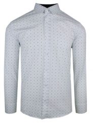 Męska, Taliowana (Slim Fit) Koszula Wizytowa - Rigon - Biała w Niebieskie Groszki. Białe koszule Rigon, m, bez wzorów, z bawełny, bez kołnierzyka, bez ramiączek. Za 129.00 zł.
