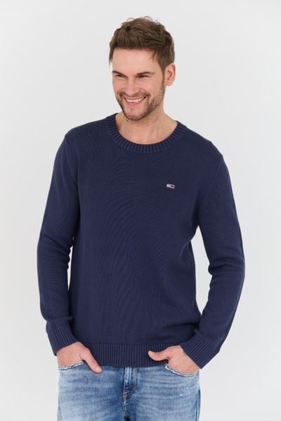 TOMMY JEANS Granatowy męski sweter, Rozmiar L. Niebieskie swetry nierozpinane Tommy Jeans, l, bez wzorów, z jeansu, bez kołnierzyka, bez ramiączek. W wyprzedaży za 190.99 zł.