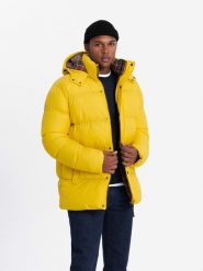Kurtka męska typu puffer z podszewką w kratę – żółta V3 - Rozmiar: S. Żółte kurtki Ombre Clothing, m, z aplikacjami, z bawełny, bez kaptura. W wyprzedaży za 314.99 zł.