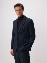 Marynarka slim fit z domieszką wełny - granatowy. Niebieskie garnitury Reserved, bez wzorów, z tkaniny. W wyprzedaży za 159.99 zł.