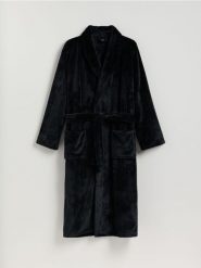 Szlafrok z paskiem - czarny. Czarne szlafroki Reserved, l, bez wzorów, z dzianiny, bez ramiączek, bez kaptura. Za 169.99 zł.