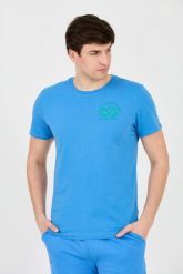 LA MARTINA Błękitny t-shirt z dużym logo. Niebieskie t-shirty La Martina, m, bez wzorów, bez kołnierzyka, bez ramiączek. W wyprzedaży za 239.99 zł.
