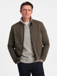 Kurtka męska o kroju biker ze strukturalnego materiału – ciemnooliwkowa V1 OM-JANP-0138 - XXL. Zielone kurtki Ombre Clothing, l, bez wzorów, bez kaptura. Za 175.49 zł.
