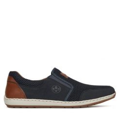 Półbuty Rieker. Niebieskie eleganckie półbuty Rieker, bez wzorów, bez obcasa, bez zapięcia. Za 239.99 zł.