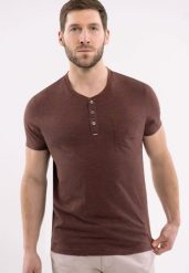 T-shirt z rozpinanym dekoltem T-WARREN. Brązowe t-shirty Volcano, m, z aplikacjami, z bawełny, bez kołnierzyka, bez ramiączek. Za 74.99 zł.