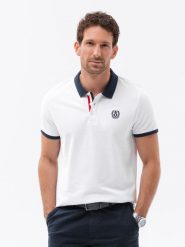 Męska koszulka polo z kolorowymi akcentami – biała V2 OM-POSS-0105 - XXL. Białe koszulki polo sportowe Ombre Clothing, l, bez wzorów, z dzianiny, bez kołnierzyka, bez ramiączek. Za 77.99 zł.