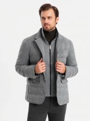 Kurtka męska o kroju marynarki z podpinką – szara V1 OM-JALP-0170 - XXL. Czarne kurtki Ombre Clothing, l, bez wzorów, z materiału, bez kaptura. Za 349.99 zł.
