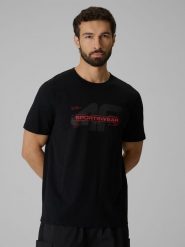 4F T-shirt regular z nadrukiem męski - czarny L. Czarne t-shirty 4F, l, bez wzorów, z bawełny, bez kołnierzyka, bez ramiączek. Za 69.99 zł.