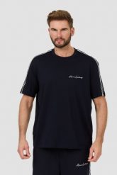 ARMANI EXCHANGE Granatowy t-shirt. Niebieskie t-shirty Armani Exchange, l, bez wzorów, bez kołnierzyka, bez ramiączek. W wyprzedaży za 262.99 zł.
