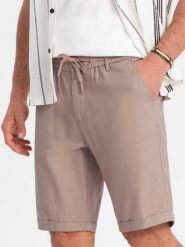 Męskie krótkie spodenki z dodatkiem lnu - jasnobrązowe V3 OM-SRCS-0131 - XL. Brązowe szorty Ombre Clothing, l, bez wzorów, z bawełny, wakacyjne. W wyprzedaży za 79.99 zł.