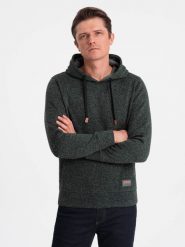 Bluza męska nierozpinana kangurka z kapturem - oliwkowy melanż V3 OM-SSNZ-0147 - XXL. Zielone bluzy Ombre Clothing, l, bez wzorów, z kapturem. W wyprzedaży za 59.99 zł.