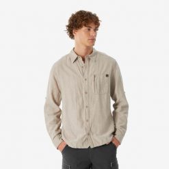 Koszula turystyczna męska z długim rękawem Quechua NH500. Brązowe koszule QUECHUA, m, bez wzorów, z bawełny, bez kołnierzyka, bez ramiączek. Za 149.99 zł.