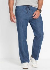 Lekkie spodnie z gumką w talii o kroju loose fit, prosta nogawka. Niebieskie jeansy bonprix, m. Za 129.99 zł.
