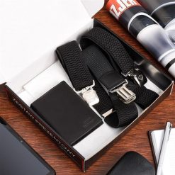 Zestaw męski skórzany portfel pionowy szelki X czarne Beltimore U53. Czarne portfele bez wzorów. Za 79.90 zł.