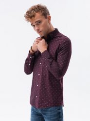 Koszula męska elegancka z długim rękawem - bordowa - Rozmiar: XXL. Czerwone koszule Ombre Clothing, m, bez wzorów, z bawełny, bez kołnierzyka, bez ramiączek. W wyprzedaży za 39.99 zł.