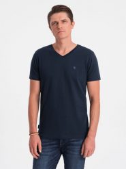 T-shirt męski V-NECK z elastanem - granatowy V2 OM-TSCT-0106 - XXL. Niebieskie t-shirty Ombre Clothing, l, bez wzorów, z bawełny, bez kołnierzyka, bez ramiączek. W wyprzedaży za 39.99 zł.