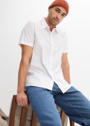 Koszula z krótkim rękawem, ze stretchem, Slim Fit. Białe koszule bonprix, l, bez wzorów, bez kołnierzyka, bez ramiączek. Za 89.99 zł.