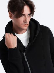 Asymetryczna bluza męska zapinana z kapturem BERLIN - czarna B1371 - S. Czarne bluzy Ombre Clothing, m, z aplikacjami, z bawełny, z kapturem. W wyprzedaży za 99.99 zł.
