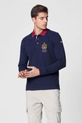 AERONAUTICA MILITARE Granatowy longsleeve polo męski Frecce Tricolori. Niebieskie bluzki z długim rękawem Aeronautica Militare, l, bez wzorów, bez kołnierzyka, bez ramiączek. W wyprzedaży za 279.99 zł.