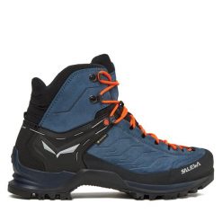 Trekkingi Salewa. Niebieskie botki sznurowane Salewa, bez wzorów, z gore-texu, bez obcasa, bez zapięcia. Za 1,149.00 zł.