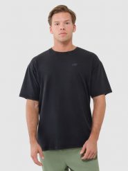 4F T-shirt oversize gładki męski - czarny L. Czarne t-shirty 4F, l, z aplikacjami, z bawełny, bez kołnierzyka, bez ramiączek. W wyprzedaży za 49.99 zł.