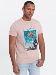 Męski t-shirt bawełniany z nadrukiem California - różowy V2 OM-TSPT-0128 - S. Czerwone t-shirty Ombre Clothing, m, bez wzorów, z bawełny, bez kołnierzyka, bez ramiączek. W wyprzedaży za 29.99 zł.