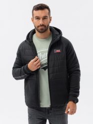 Kurtka męska z łączonych tkanin - czarna V1 C601 - M. Czarne kurtki Ombre Clothing, m, bez wzorów, z dzianiny, bez kaptura. W wyprzedaży za 99.99 zł.