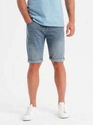 Szorty jeansowe męskie z podwiniętą nogawką - jasnoniebieskie V1 - Rozmiar: M. Niebieskie szorty Ombre Clothing, m, bez wzorów, z bawełny, klasyczne. W wyprzedaży za 146.99 zł.