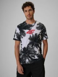 4F T-shirt regular z nadrukiem męski - czarno-biały S. Czarne t-shirty 4F, m, bez wzorów, z bawełny, bez kołnierzyka, bez ramiączek. Za 99.99 zł.