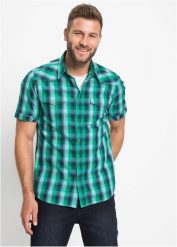 Koszula z krótkim rękawem i naszywanymi kieszeniami. Niebieskie koszule bonprix, m, bez wzorów, bez kołnierzyka, bez ramiączek. Za 94.99 zł.