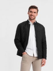 Ocieplana kurtka męska BIKER pikowana we wzór karo - czarna V1 - Rozmiar: XL. Czarne kurtki Ombre Clothing, m, bez wzorów, bez kaptura. W wyprzedaży za 119.99 zł.