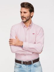 Bawełniana męska koszula REGULAR FIT w drobne paski – różowa V2 - Rozmiar: L. Czerwone koszule Ombre Clothing, l, bez wzorów, z bawełny, bez kołnierzyka, bez ramiączek. Za 189.99 zł.