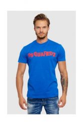 DSQUARED2 Niebieski t-shirt męski z czerwonym logo. Niebieskie t-shirty Dsquared2, m, bez wzorów, prążkowane, bez kołnierzyka, bez ramiączek. W wyprzedaży za 399.99 zł.