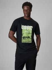 4F T-shirt regular z nadrukiem męski - czarny L. Czarne t-shirty 4F, l, bez wzorów, z bawełny, bez kołnierzyka, bez ramiączek. Za 79.99 zł.