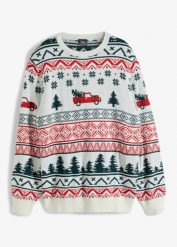 Cienki sweter z motywem bożonarodzeniowym. Białe swetry nierozpinane bonprix, l, bez wzorów, bez kołnierzyka, bez ramiączek. Za 129.99 zł.