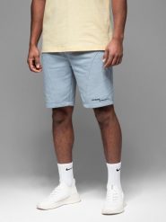 Dopasowane męskie krótkie spodenki dresowe z nadrukami – jasnoniebieskie V1 OM-SRSK-0138 - XXL. Niebieskie krótkie spodenki sportowe Ombre Clothing, l, bez wzorów, z bawełny. W wyprzedaży za 79.99 zł.