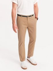 Męskie spodnie chino z ozdobną taśmą w pasie SLIM FIT – piaskowe V5 OM-PACP-0118 - XXL. Eleganckie spodnie Ombre Clothing, na co dzień, l, z bawełny, casualowe. W wyprzedaży za 179.99 zł.
