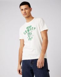 MĘSKI T-SHIRT WRANGLER COLLEGIATE TEE OFF WHITE W7K2D3737 112141564. Białe t-shirty Wrangler, m, bez wzorów, bez kołnierzyka, bez ramiączek. Za 69.99 zł.