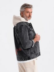 Kurtka męska jeansowa katana z nadrukiem - grafitowa V1 C525 - L. Czarne kurtki Ombre Clothing, l, bez wzorów, z denimu, bez kaptura. W wyprzedaży za 99.99 zł.