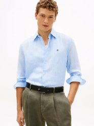 Tommy Hilfiger koszula lniana Mężczyźni Regular Fit len (100%) niebieski, S. Niebieskie koszule Tommy Hilfiger, m, bez wzorów, ze lnu, bez kołnierzyka, bez ramiączek. Za 429.95 zł.