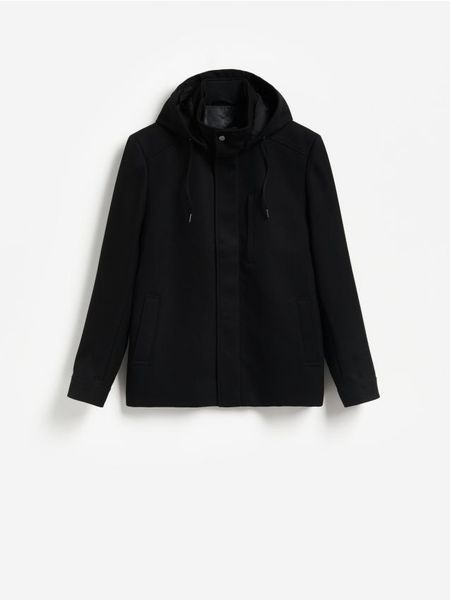 Kurtka z kapturem - czarny. Czarne kurtki Reserved, l, bez wzorów, z tkaniny, z kapturem. Za 329.99 zł.